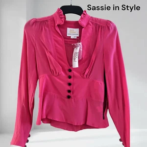 XS 6 Sara Berman Pink Silk Blouse. Frill Collar Fitted Shirt NEW - Picture 1 of 5