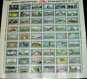 WORLDS FAIR 1939 NEW YORK POSTER STAMPS COMPLETE SHEET of 54 - Picture 1 of 1
