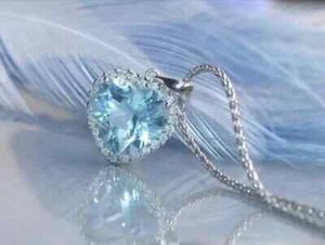 3Ct Heart Cut Aquamarine Halo Pendant 14K White Gold Plated Silver Chai - Picture 1 of 3