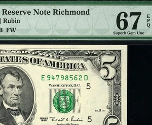 1995 $5 Richmond Federal Reserve Note FRN 1985-E E-D Block Top Pop • PMG 67 EPQ - Picture 1 of 3