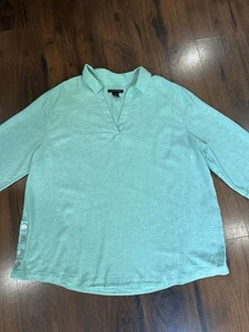 TAHARI Womens 100% Linen V Neck Top-Turquoise-Mother of Pearl Button Accents 1X - Picture 1 of 8