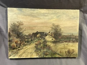 Antigua pintura de paisaje primitivo rural al óleo sobre lienzo ingenua  - Imagen 1 de 13