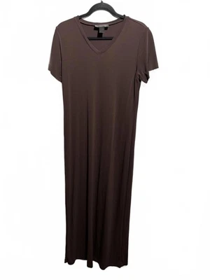Vintage Chocolate Brown Maxi Shirt Dress Short Sleeve Rayon V Neck USA Made L - Image 1 of 4