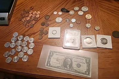 Small Coin Collection - US 55 Piece, Silver Certificate, Quarters, Dimes, More. - Image 1 of 4