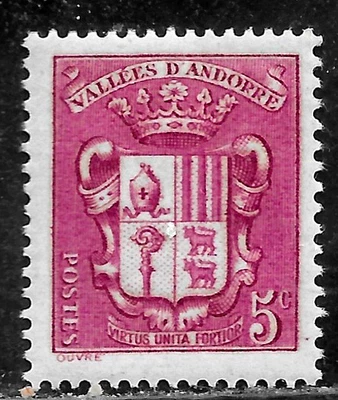 HICK GIRL - SELLO ANDORRA FRANCÉS COMO NUEVO SC#68 1936 ESCUDO DE ARMAS M10 Foto 1 de 2