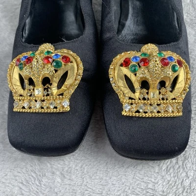 Vintage Luc Matisse Heels Womens 38.5 /8 Black Satin Golden Crown Accent Italian - Image 1 of 4