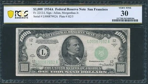 1934A $1000 One Thousand Dollar Bill Currency Scarce San Fran PCGS-B VF 30 - Picture 1 of 3