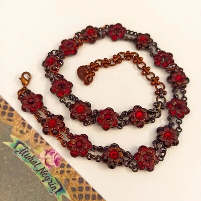 Michal Negrin Red Maroon Necklace Flowers Chocker Collar Cocktail Victorian VTG - Image 1 of 4