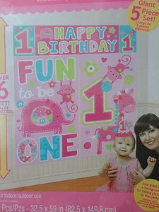 Fun to be one Happy Birthday Pink Wild Scene Setter party wall photo BACKDROP - Picture 1 of 4
