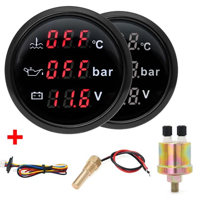 52mm Boat Car 3 in 1 Gauge Digital Water Temp Oil Pressure Voltmeter with Sensor - Image 1 of 4