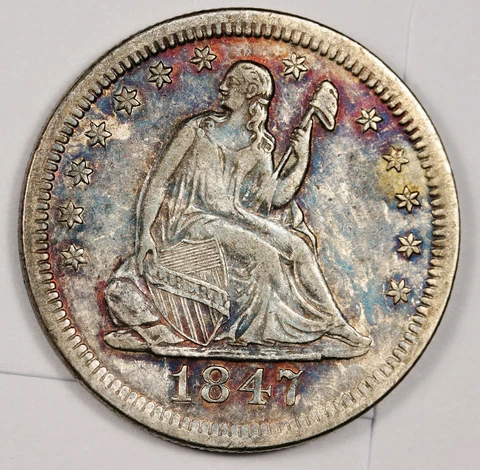 1847-o Liberty Seated Quarter.  Colorful Toning.  AU.  156904 Cover