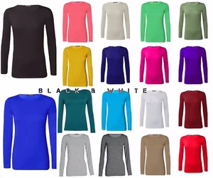 Women Basic Long Sleeve Plain Round Neck Ladies Stretch Plus Size Top T Shirt - Picture 1 of 28
