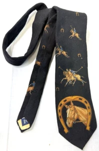 Vintage Hand Made Ralph Lauren Polo Players Horseshoe Horses Black Necktie - Picture 1 of 5