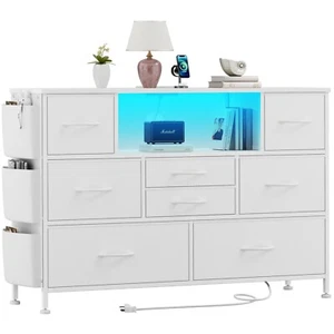 Dresser for Bedroom TV Stand with Power Outlet LED Light 8 Fabric Drawers White - Picture 1 of 7