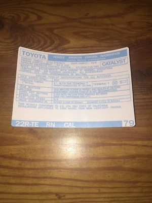 1986 22rte Toyota пикап/4runner турбо выбросов этикетка Repro стикер #79 - Изображение 1 из 2