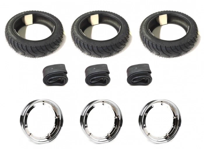 3x Reifen Felgen Chrom Schlauch Komplett Satz Vespa Piaggio APE 50 TM - Bild 1 von 1