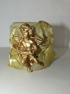 GOLDEN CHERUB ANGEL FIGURINE ACCENT IVORY WAX SMALL PILLAR CANDLE WITH RIBBON - Picture 1 of 8
