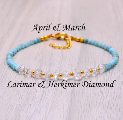 Herkimer Bracelet with Larimar, March Birthstone, Larimar Bracelet, diamond - Image 1 of 3