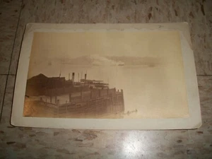 Circa 1890 Cabinet Card Photo SHIP FIRE in Harbor Wood 3 masted Sailing ship - Imagen 1 de 7
