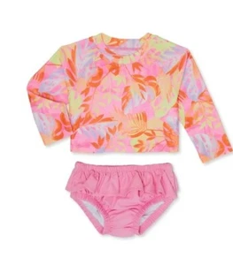 NWT! Wonder Nation Baby Girl Long Sleeve Rash Guard 2Pc Swimsuit UPF 50. 0-3M - Picture 1 of 3