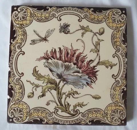 ELEGANT FLOWER & DRAGONFLY DESIGN  TILE ENGLISH ANTIQUE Cover