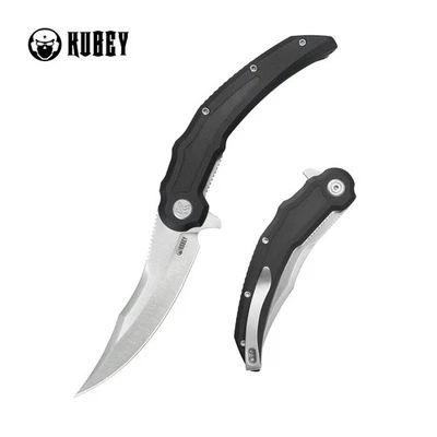 Kubey Wave Crest Folding Knife Black G10 Handle 14C28N Pikal Plain Satin KU346A