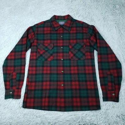 Vintage Pendleton Board Shirt Wool Men's Large Red Green Plaid Loop Collar Flap - Image 1 of 4