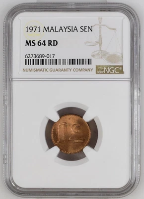 Malasia Sen 1971 bronce sin circular no magnético NGC MS 64 RD Foto 1 de 4