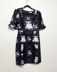 Nana Cute Cat Print Ruffle Square Neck Zip Back Lined Half Sleeve Dress UK 10/12 - Picture 1 of 7