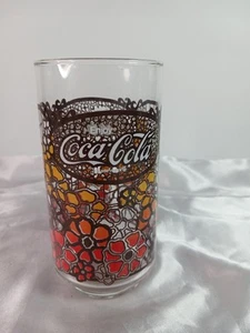 Vaso de vidrio Coca Cola años 70 "Flower Power" amarillo naranja flores vintage Coca-Cola - Imagen 1 de 3