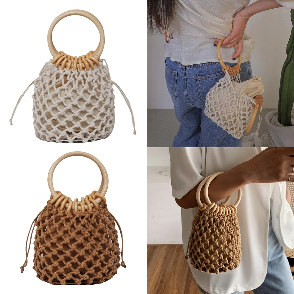 Vintage Women Woven Basket Woven Tote Spring Travel  Handbag W/ Wood Handle - Image 1 of 1