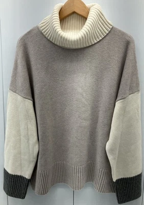 Garnet Hill Women's Color Block Sweater XL Taupe Gray Cream Turtleneck Relaxed - Image 1 of 4