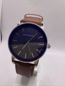 Van Heusen Watch Men 44mm Silver Tone Blue Dial Brown Band New Battery - Picture 1 of 9