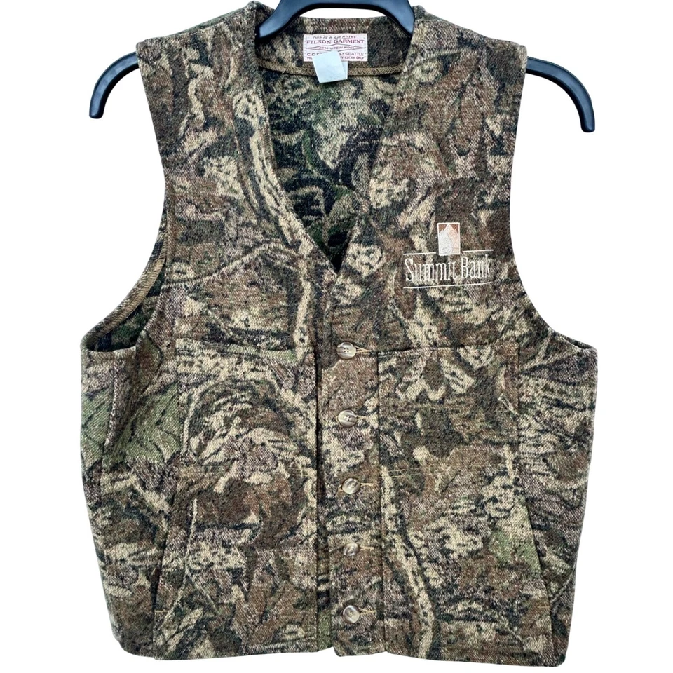 Filson Men's 44 Camo Virgin Wool Vest Summit Bank Logo Outdoor NOTES - AC - Image 1 of 4