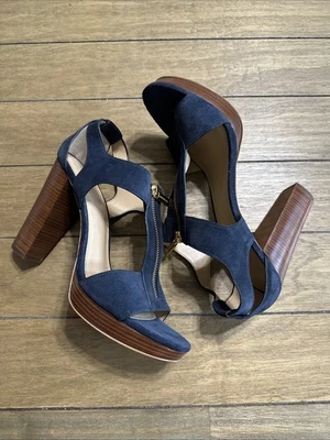 Michael Kors MK Berkley Zip Block Heel Platform Sandals Dark Blue Suede 10M - Image 1 of 4