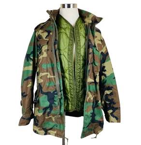 Military Cold Weather Field Coat & Liner Woodland Camo Hooded Men's SZ Med Long - Picture 1 of 15