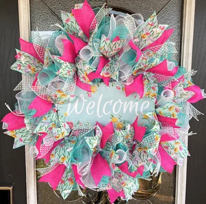 Welcome Aqua Floral Pink Spring Summer Deco Mesh Wreath Farmhouse Cottage Decor - Picture 1 of 6