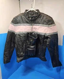 Women's Xelement Leather Motorcycle Jacket Black/Pink ~Size M~ & Gauntlet Gloves - Picture 1 of 24