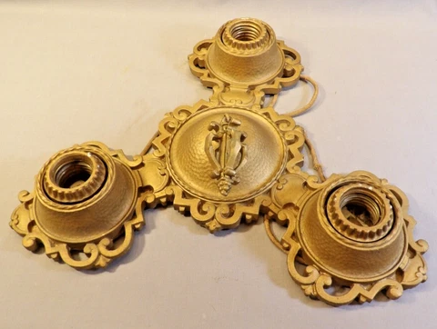 ANTIQUE ART DECO CAST IRON CEILING LIGHT FIXTURE ~ 3 LIGHT Cover