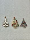 Lot Of 3 Vintage Unsigned Holiday Christmas Tree Brooches Silver Tone golden