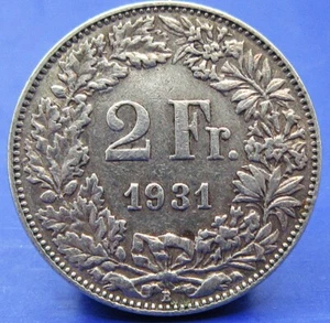 SWITZERLAND SILVER 2 FRANCS 1931 MINTMAK B - Picture 1 of 2