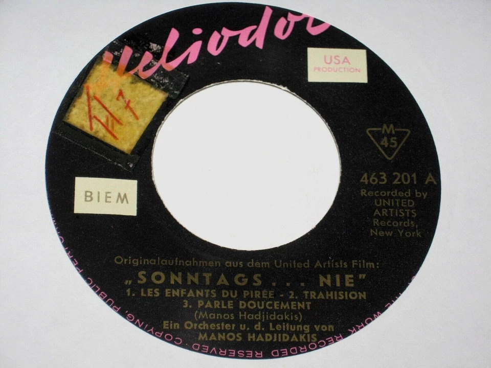 Single 7" EP Manos Hadjidakis: Sonntags ... nie - Filmmusik - sehr selten! - Bild 1 von 1