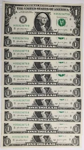Diez billetes consecutivos de un dólar de $1 número de serie elegante, hermosos billetes nítidos - Imagen 1 de 1