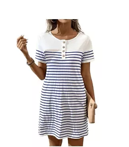 Neu ohne Etikett blau/weiß gestreiftes Shirtkleid bequem Größe Large dehnbar - Bild 1 von 5