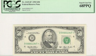 1993 $50 Low Serial# Rare⭐ FRN Fr. 2125-D*.  PCGS Superb GemUNC-PPQ68  - Image 1 of 2