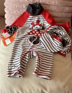 Disney Minnie Mouse Girl Swimsuit/Hat UPF 40 Sun Protection Long Sleeve 9-12 M - Picture 1 of 6
