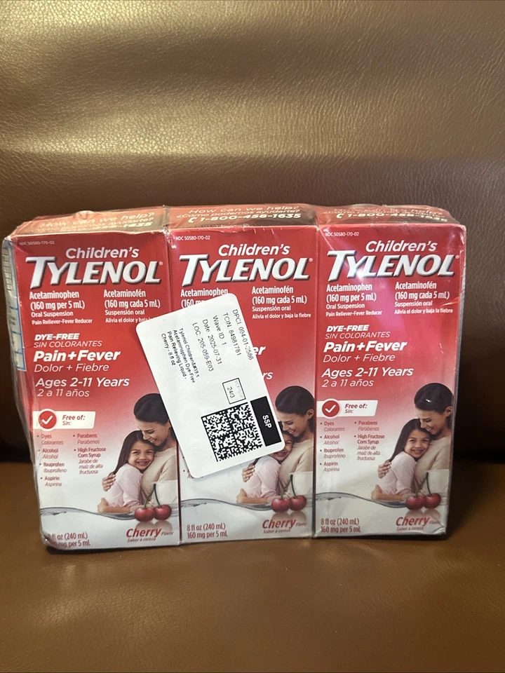 TYLENOL PAIN FIVER 8 FL Oz CHERRY AGES 2 TO 11 YEARS EXP 08/2026 Damaged Box