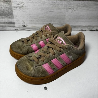 Adidas 11c Campus Sneakers Kids Size 11K Brown Suede Pink Stripes Casual Shoes - Image 1 of 4