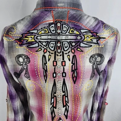 Novo com etiquetas! Camisa Roar Native Song xadrez média bordada strass roxo ocidental - Imagem 1 de 4