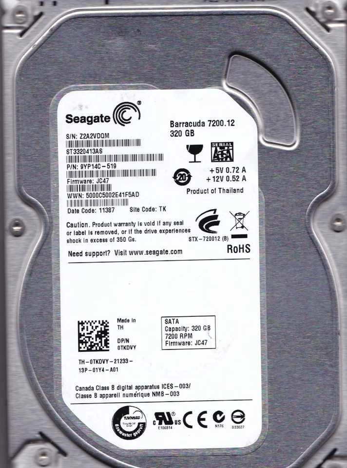ST3320413AS pn: 9YP14C-519 s/n: Z2A  2011 fw: JC47 TK 320GB SATA 3.5"  Seagate - Image 1 of 4